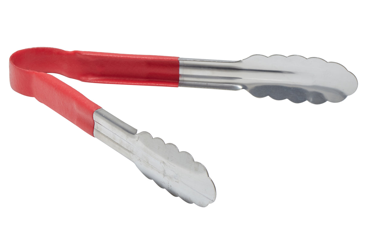 9" Stainless Steel Tong with Red Plastic-Coated Handle