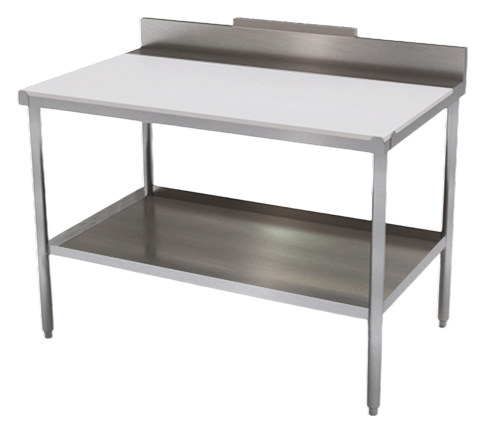 Stainless steel kitchen work table with a white sanikleen and backsplash on a white background