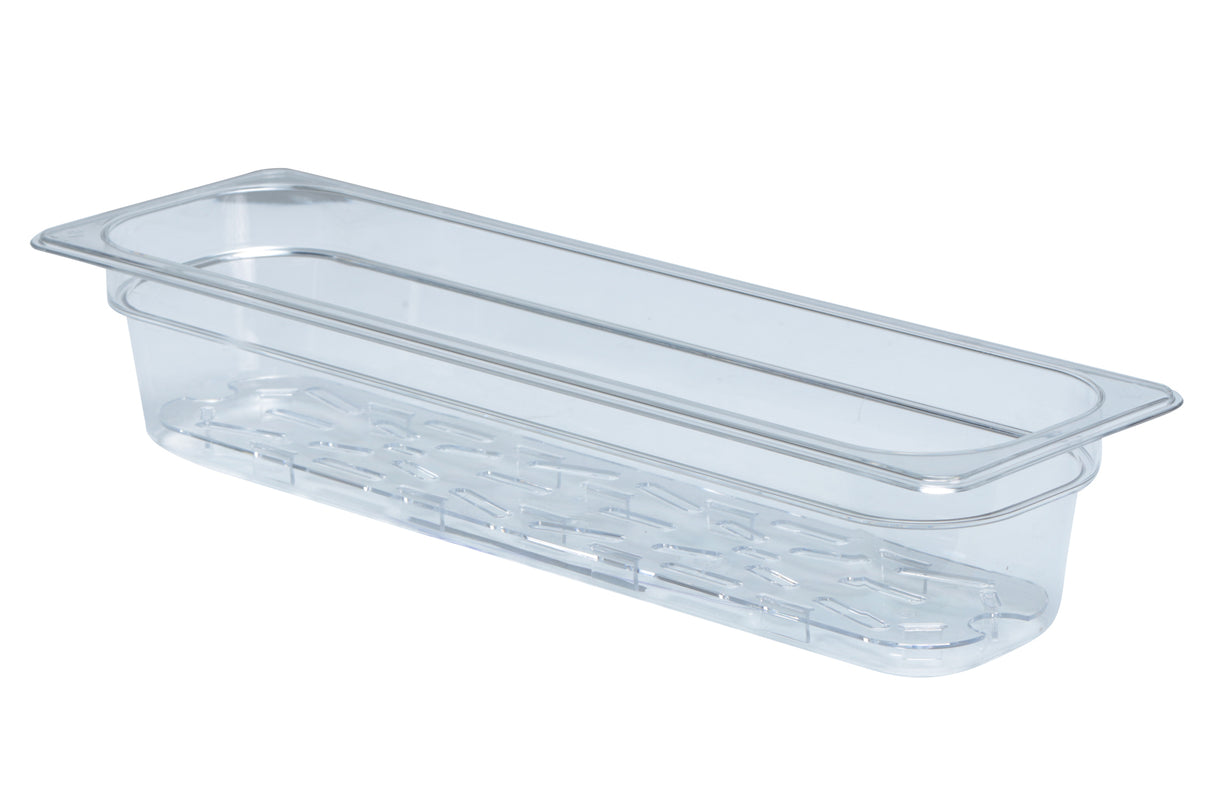 Food Pan, 1/2 Size (Long), Polycarbonate, Clear, 6.375"x 20.875"x 4", with Drain