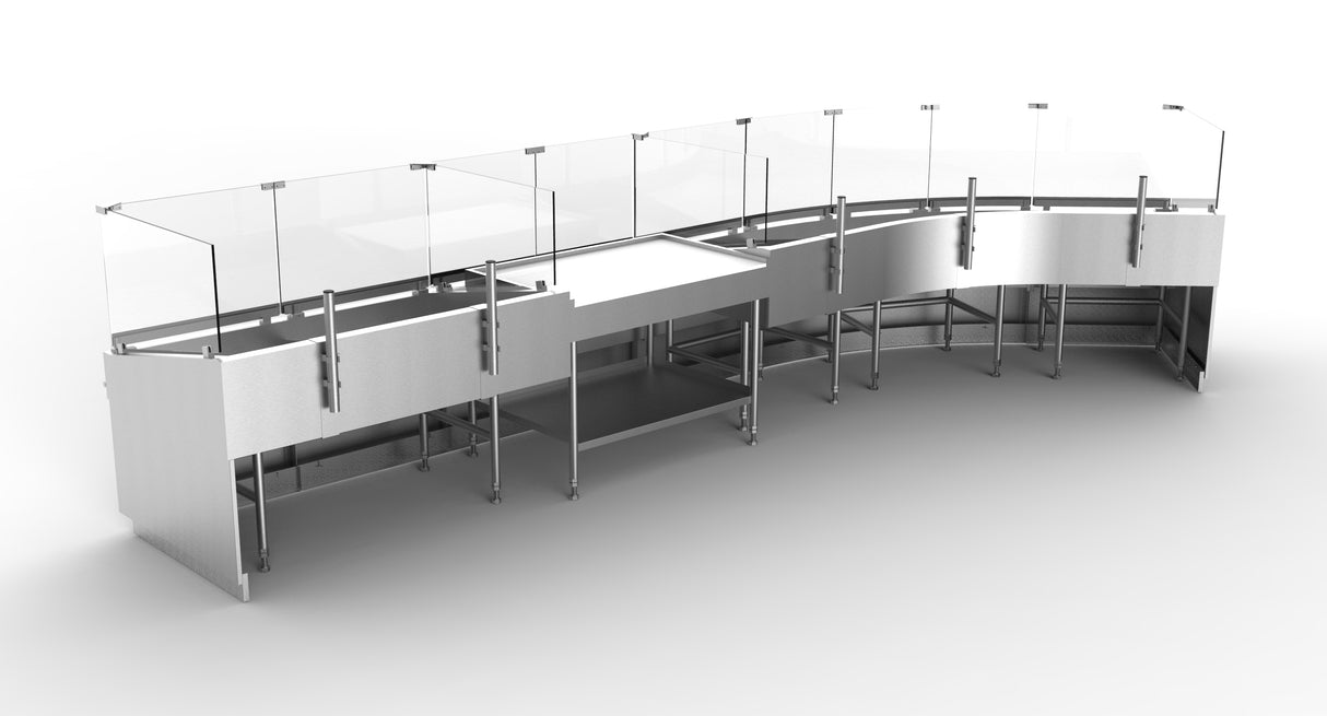 Présentoir incurvé avec table de découpe et étagère de marchandisage transversal