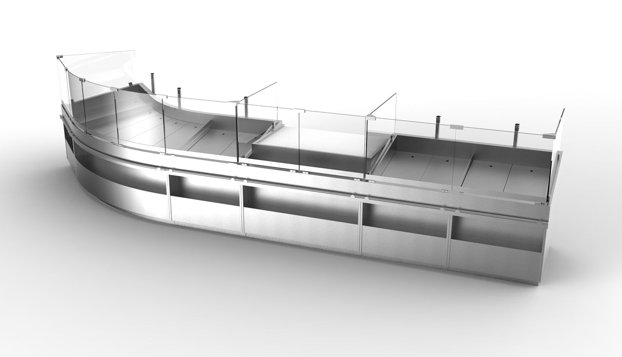 Présentoir incurvé avec table de découpe et étagère de marchandisage transversal