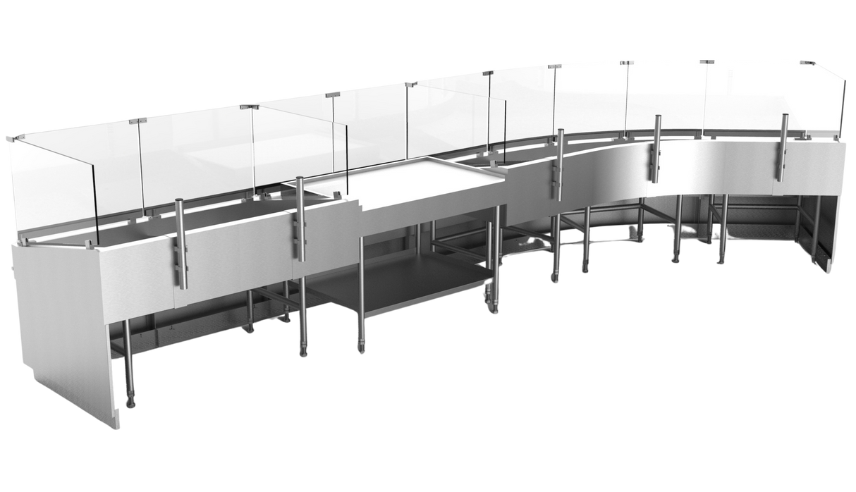 Présentoir courbé avec table de coupe et étagère de marchandisage croisé