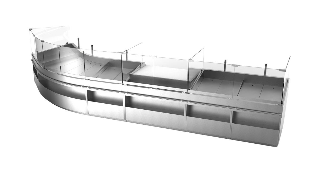 Présentoir incurvé avec table de découpe et étagère de marchandisage transversal
