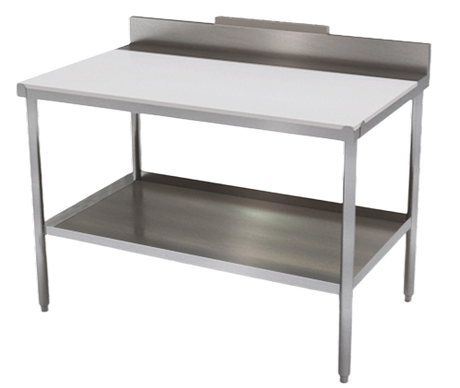 Table de travail de cuisine en acier inoxydable avec dosseret Sanikleen blanc sur fond blanc
