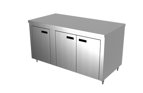 Armoire de cuisine professionnelle en acier inoxydable avec trois portes et un plan de travail plat, présentée sur un fond blanc uni.