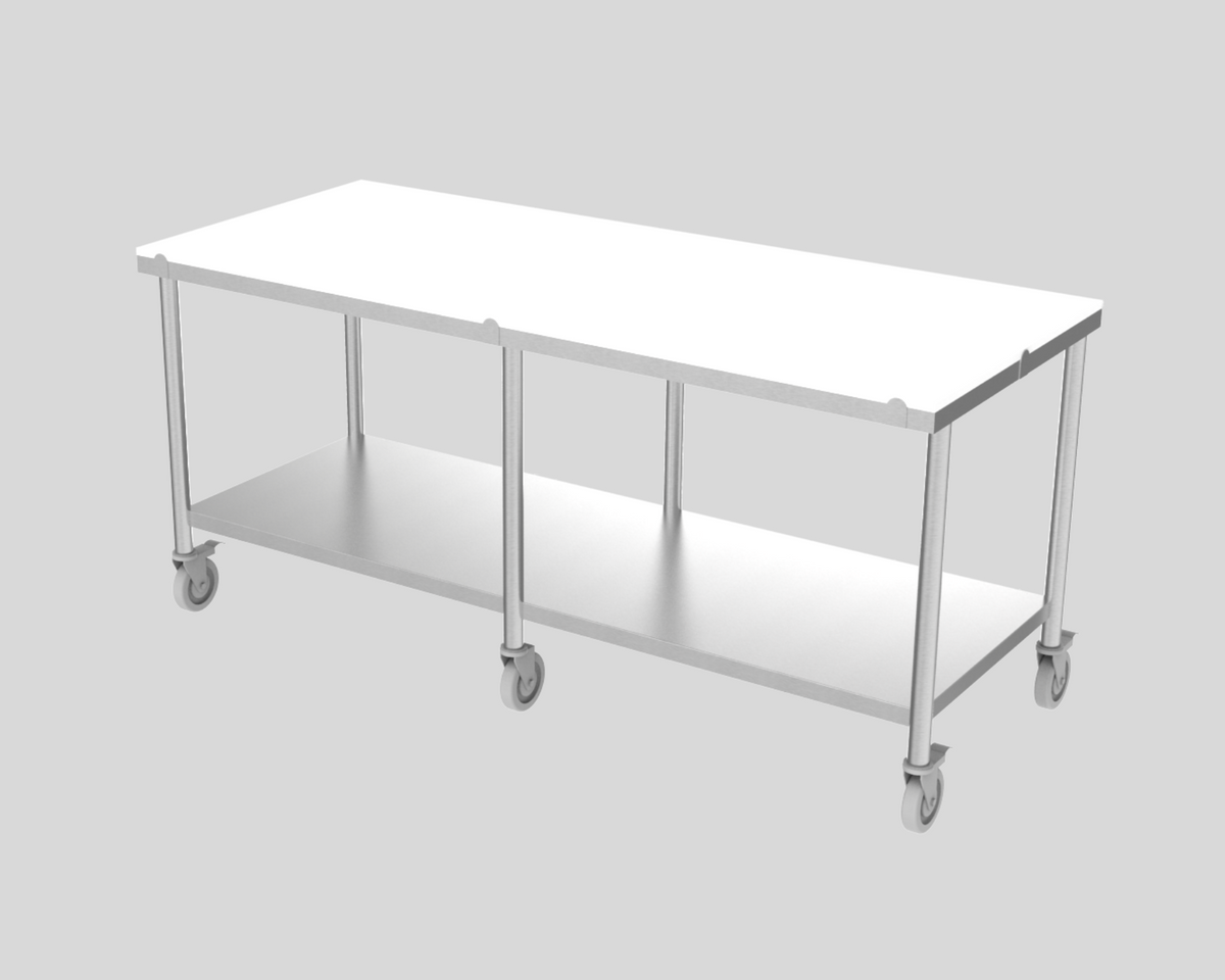 A stainless steel utility work table with a white top surface, a lower storage shelf, and caster wheels, shown on a solid gray background.