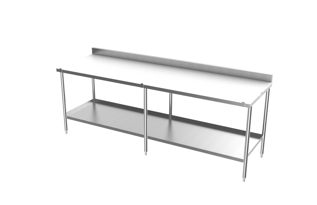 A stainless steel commercial kitchen table with a double-tier shelf and a long back panel, shown on a plain white background.