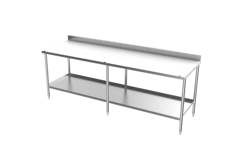A stainless steel commercial kitchen table with a double-tier shelf and a long back panel, shown on a plain white background.