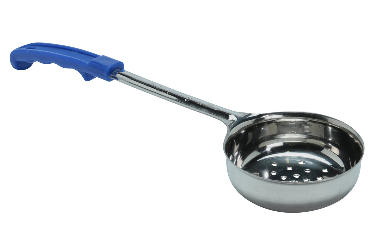 Stainless Steel Portion Control Spoon, 8 Oz, Perforated, Blue Plastic Handle