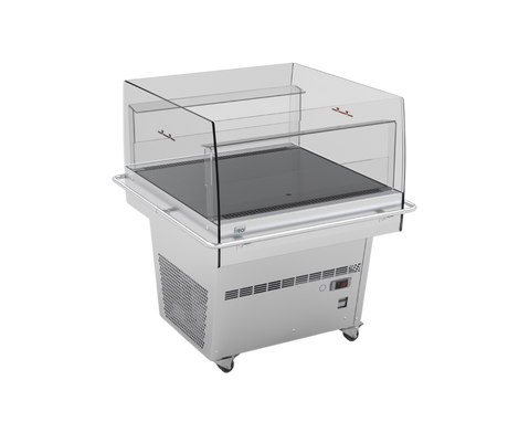 A commercial countertop food display case with a clear acrylic dome cover, a black glass or dark panel top, and a silver metal base on casters, shown on a plain white background.