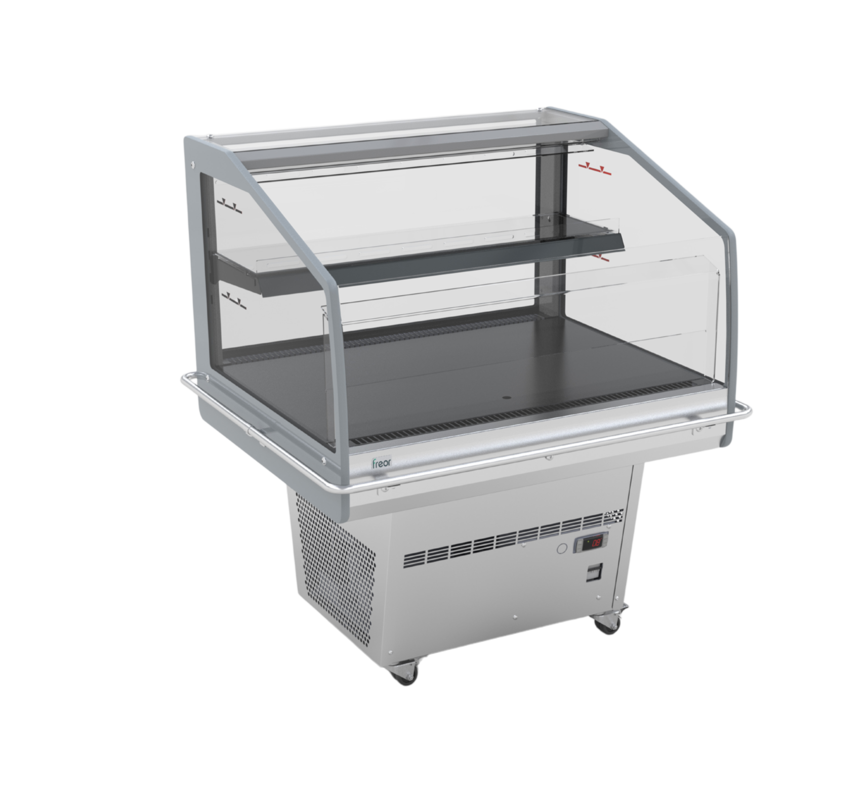 A commercial two-tier display case with a clear glass or acrylic front and curved top, featuring a dark gray interior shelf and a stainless steel base with ventilation grilles and caster wheels.