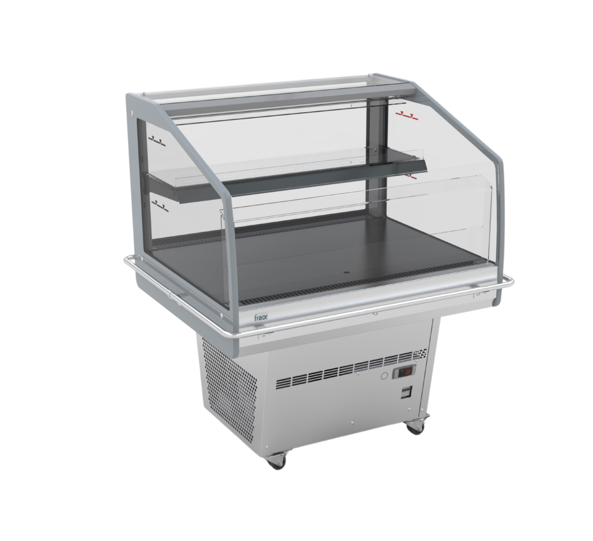 A commercial two-tier display case with a clear glass or acrylic front and curved top, featuring a dark gray interior shelf and a stainless steel base with ventilation grilles and caster wheels.