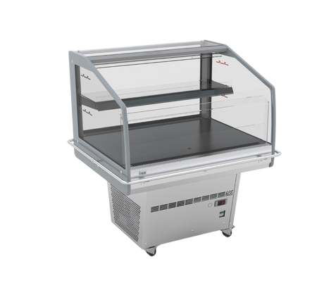 A commercial two-tier display case with a clear glass or acrylic front and curved top, featuring a dark gray interior shelf and a stainless steel base with ventilation grilles and caster wheels.