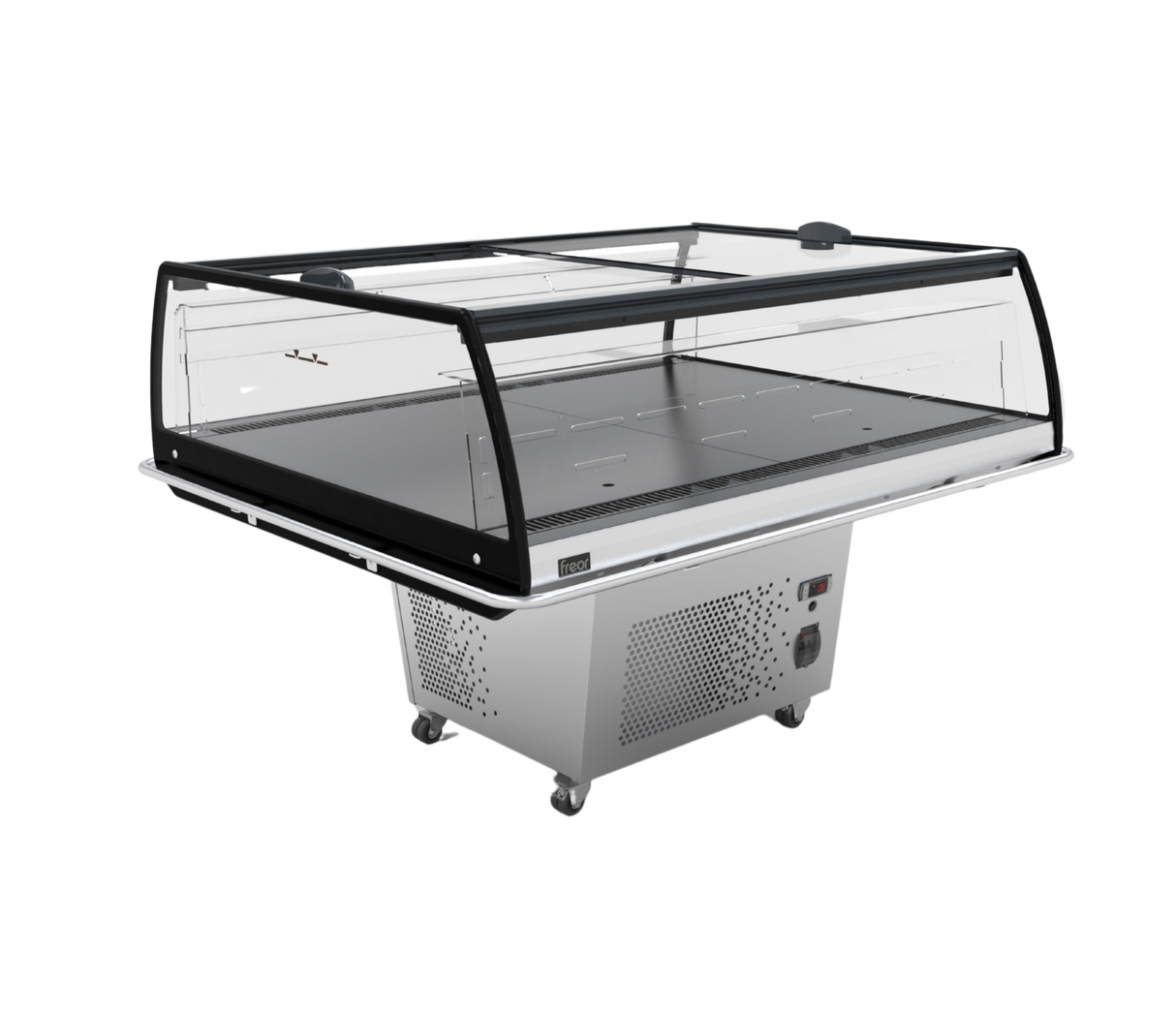 Vitrine réfrigérée commerciale avec vitre bombée, cadre noir et base en acier inoxydable sur roulettes, présentée sur fond blanc.