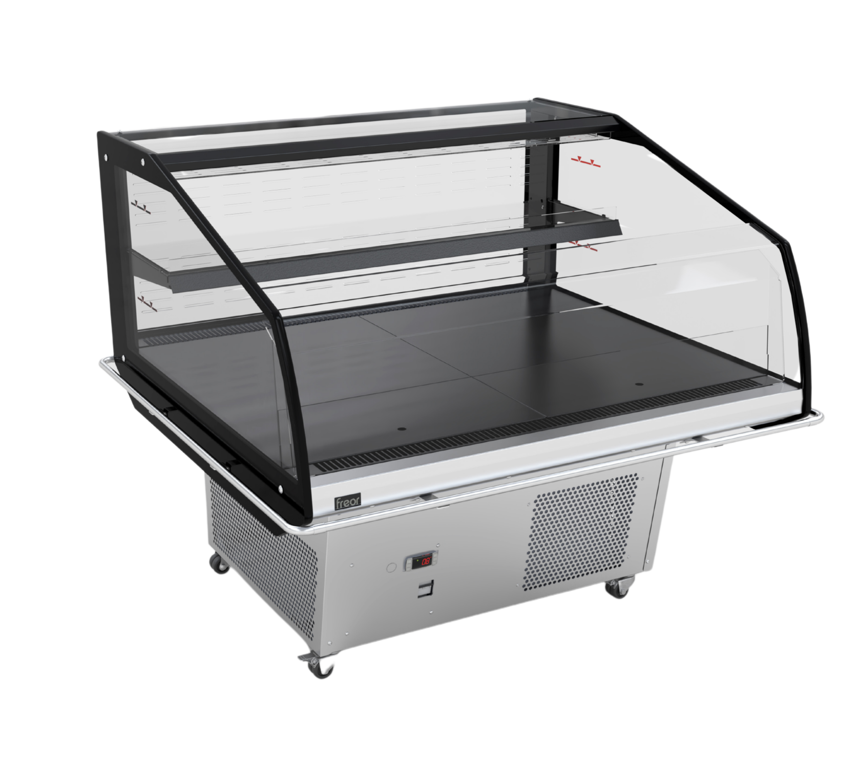 A commercial two-tier display case with a clear glass or acrylic curved upper cover, black metal frame, and a stainless steel base on casters, shown on a white background.