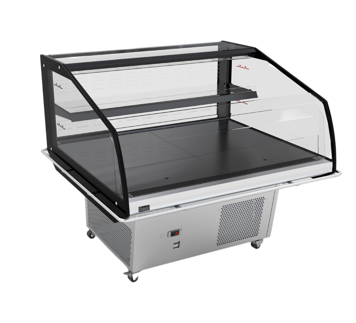 A commercial two-tier display case with a clear glass or acrylic curved upper cover, black metal frame, and a stainless steel base on casters, shown on a white background.