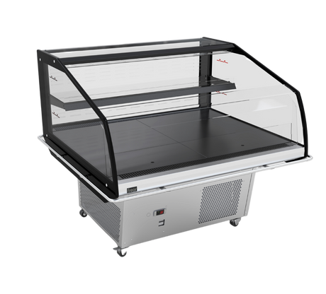 A commercial two-tier display case with a clear glass or acrylic curved upper cover, black metal frame, and a stainless steel base on casters, shown on a white background.
