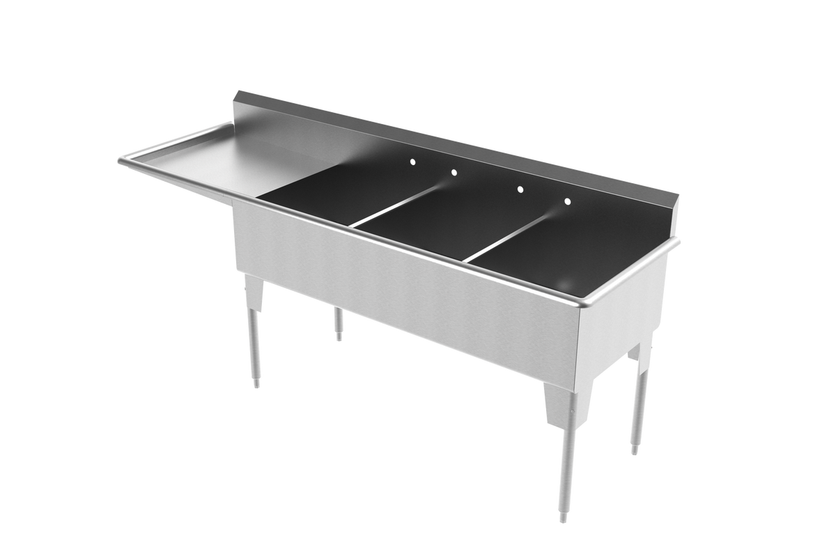 A three-basin stainless steel commercial sink with a solid left extension and three legs, shown on a plain white background.