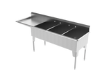 A three-basin stainless steel commercial sink with a solid left extension and three legs, shown on a plain white background.