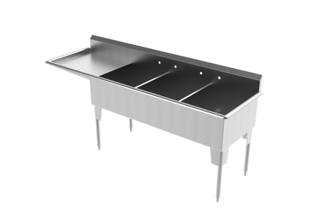 A three-basin stainless steel commercial sink with a solid left extension and three legs, shown on a plain white background.